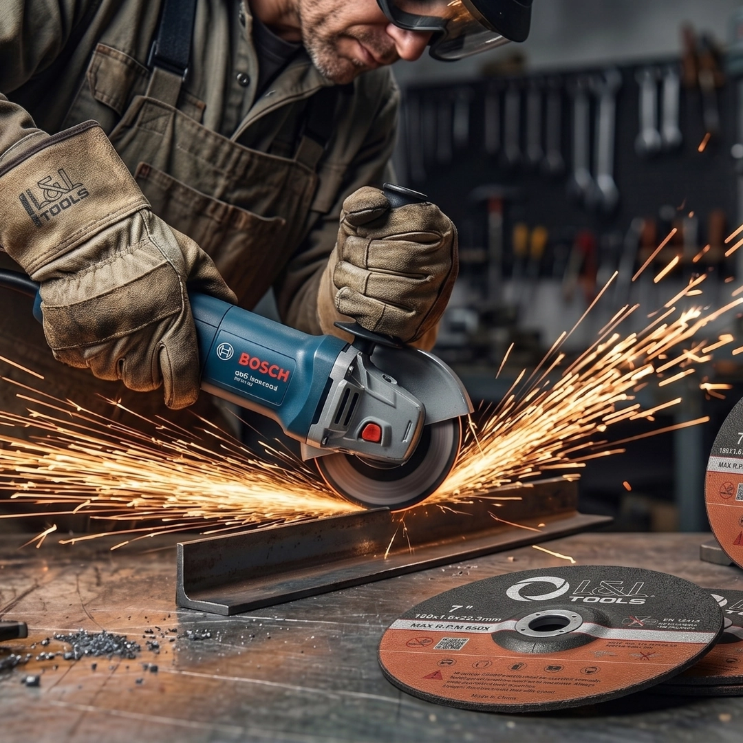 Amoladora angular a altas RPM con disco LYL Tools generando chispas