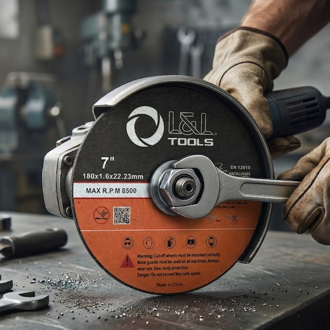 Trabajador industrial usando disco de corte LYL Tools con chispas
